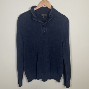Express Sweater Mens Large Navy Blue Mock Neck Ribbed 1/4 Zip / Button Pullover
